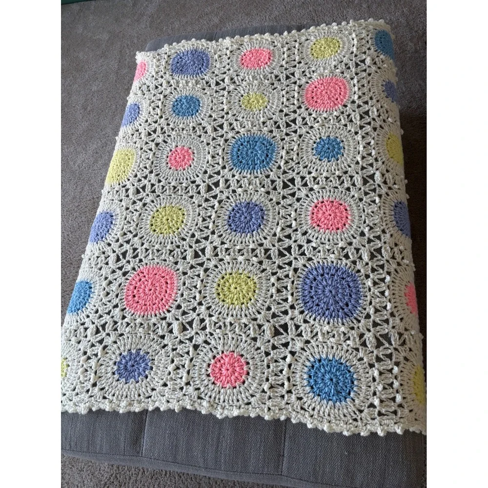 Vintage Handmade Crochet Throw Blanket Pastel Polka Dot Lace Cream Multi Color